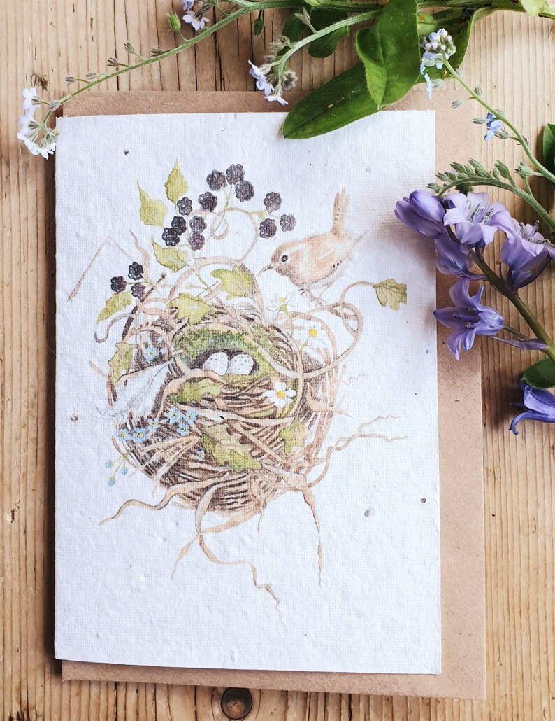 K&ouml;nnte beinhalten: Eine Gru&szlig;karte mit einer Aquarell-Illustration eines Vogelnests mit Eiern und einem Vogel, der auf einem Ast sitzt. Das Nest ist von gr&uuml;nen Bl&auml;ttern und schwarzen Beeren umgeben.