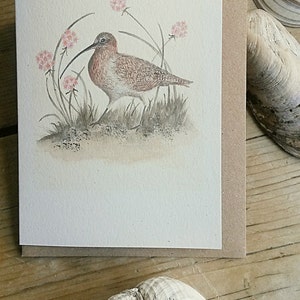 Curlew card. Originally handpainted bird card. British bird, Seabird card. Hand painted in watercolour curlew. Norfolk. Seaside painting