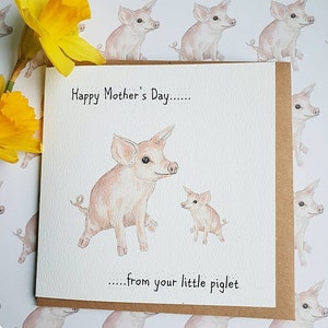Carte de fête des mères cochon. Carte de porcelet pour la fête des mères. cadeau fête des mères. carte faite main pour la fête des mères. Carte de fête des mères pour les amoureux des cochons. Carte porcelet