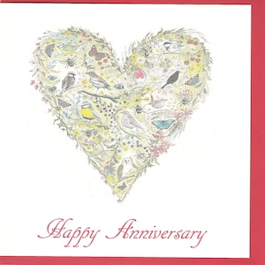 Anniversary card. bird anniversary card. anniversary card with birds. celebration card. romantic birds. birds in a heart. romantic card