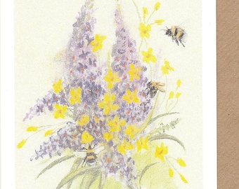 Tarjeta de abeja y buddleia. Buddleia y la pintura de abejas. tarjeta de flores. Obra de arte original. Jardín rural inglés. Tarjetas de abejorros. Abeja y flores