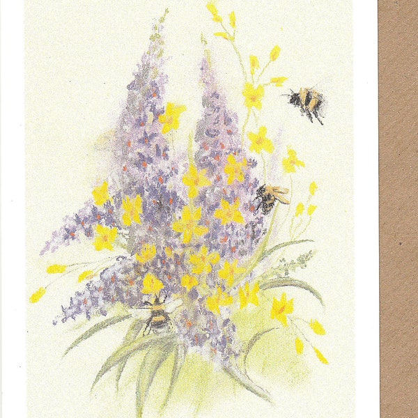 Bee and buddleia card. buddleia and bees painting. flower card. original artwork. english country garden. bumble bee cards. bee and flowers