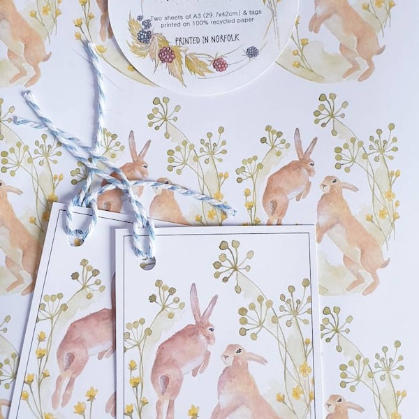 Hare wrapping paper. hare gift wrap. hare.  paper with hares. hare gift wrap. hare art. Boxing hares. wildlife wrapping paper. Norfolk hare