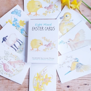 Ostern Grußkarten. Packung mit acht Osterkarten. Osterküken. Osterhasen. Osterhase. Mehrfachpackung Osterkarten. Packung Osterkarten.