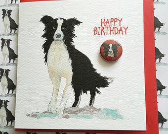 Border collie birthday card with badge. card with a badge. border collie badge. birthday card. dog card. collie card. collie birthday card.