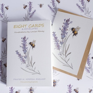 Lavendel Grußkarte. Notizzettel mit Blumen. Lavendel, Butterblumen und Bienen. Honigbienen. Blumen-Karte. Originalkunstwerk. Lavendel geschenk. Norfolk