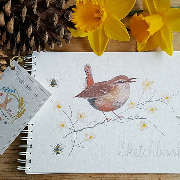 Sketchbook. wren sketchbook. A5 sketchbook with a wren and flowers. wren book. british garden bird. bird sketchbook. artists sketchbook