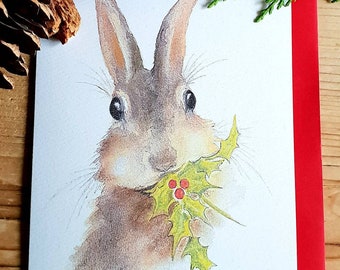 Bunny Christmas card. Christmas card with a bunny. funny bunny card. funny rabbit christmas card. bunny and holly. christmas card.