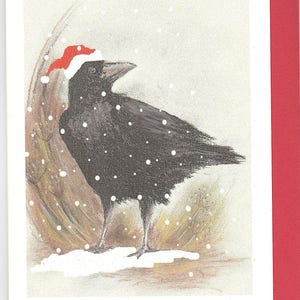 Carte de Noël de corbeau. Carte de Noël drôle. Corbeau coiffé d'un bonnet de Noel. Carte de Noël avec un bonnet de Noel. corbeau dans la neige. carte de Noël oiseau