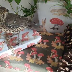 K&ouml;nnte beinhalten: Nahaufnahme von drei verschiedenen Geschenkpapierdesigns mit Waldtieren und Pilzen. Die Designs sind auf wei&szlig;em und gr&uuml;nem Papier gedruckt.