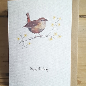 Zaunkönig Geburtstagskarte. Geburtstagskarte mit einem Zaunkönig. Britischer Vogel. Garten Vogel Karte. Jenny Zaunkönig Malerei. Handgemachte Karte. Zaunkönig Malerei