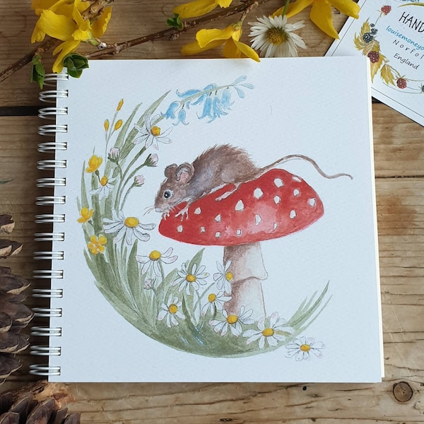 Mouse notebook. Mouse and mushroom notebook. Hand made. Originally hand painted image. Mouse book. Mouse journal. Fly agaric and mouse