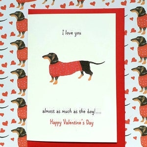 Daschund Valentinskarte. Wurst Hund Valentinskarte. Daschund Karte. Besonderer Anlass Karte. Romantische Karte mit einem Daschund. Würstchen Karte