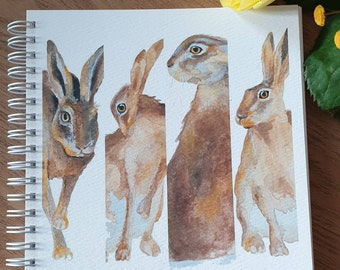 Hare notebook. hare watercolour image notebook. Hand made. Originally hand painted image. square notebook. hare gift. wildlife gift.