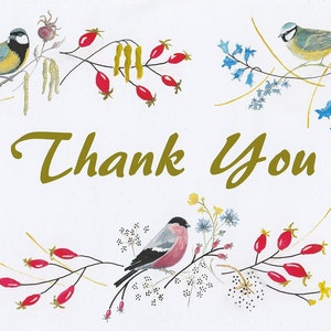Dankeskarten. Packung mit sechs Dankeskarten, handgemalt, Gimpel, Blaumeise, Kohlmeise, Vogelkarte, Wildblumen, Hochzeit Briefpapier