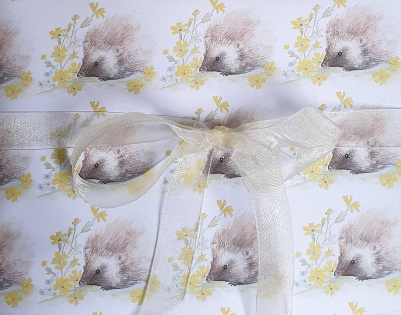 May include: White wrapping paper with a repeating pattern of brown hedgehogs and yellow flowers. A beige satin ribbon is tied in a bow on top of the paper.