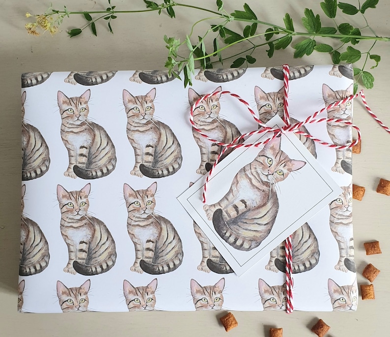 May include: White wrapping paper with a repeating pattern of brown tabby cats. The cats are illustrated in a watercolor style and are facing forward. The paper is decorated with a red and white ribbon.