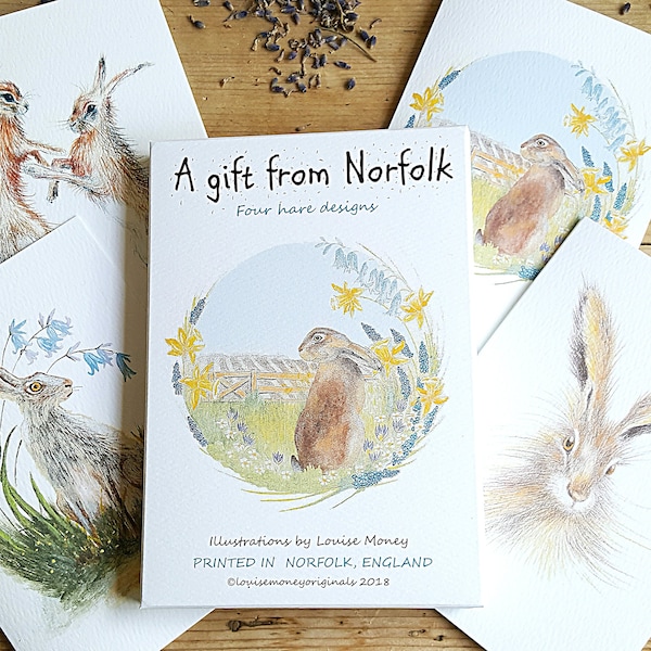 Norfolk notecards. Eight cards and envelopes with Norfolk hares. eight hare cards. Gift from Norfolk. Norfolk souvenir. Hand made. hare gift