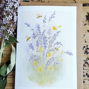 Lavendel Karte. Lavendel und Bienen Malerei. Blumenkarte. Originalkunstwerk. Englischer Bauerngarten. Frühlingskarte. Honigbienenkarten. Bienenkarte