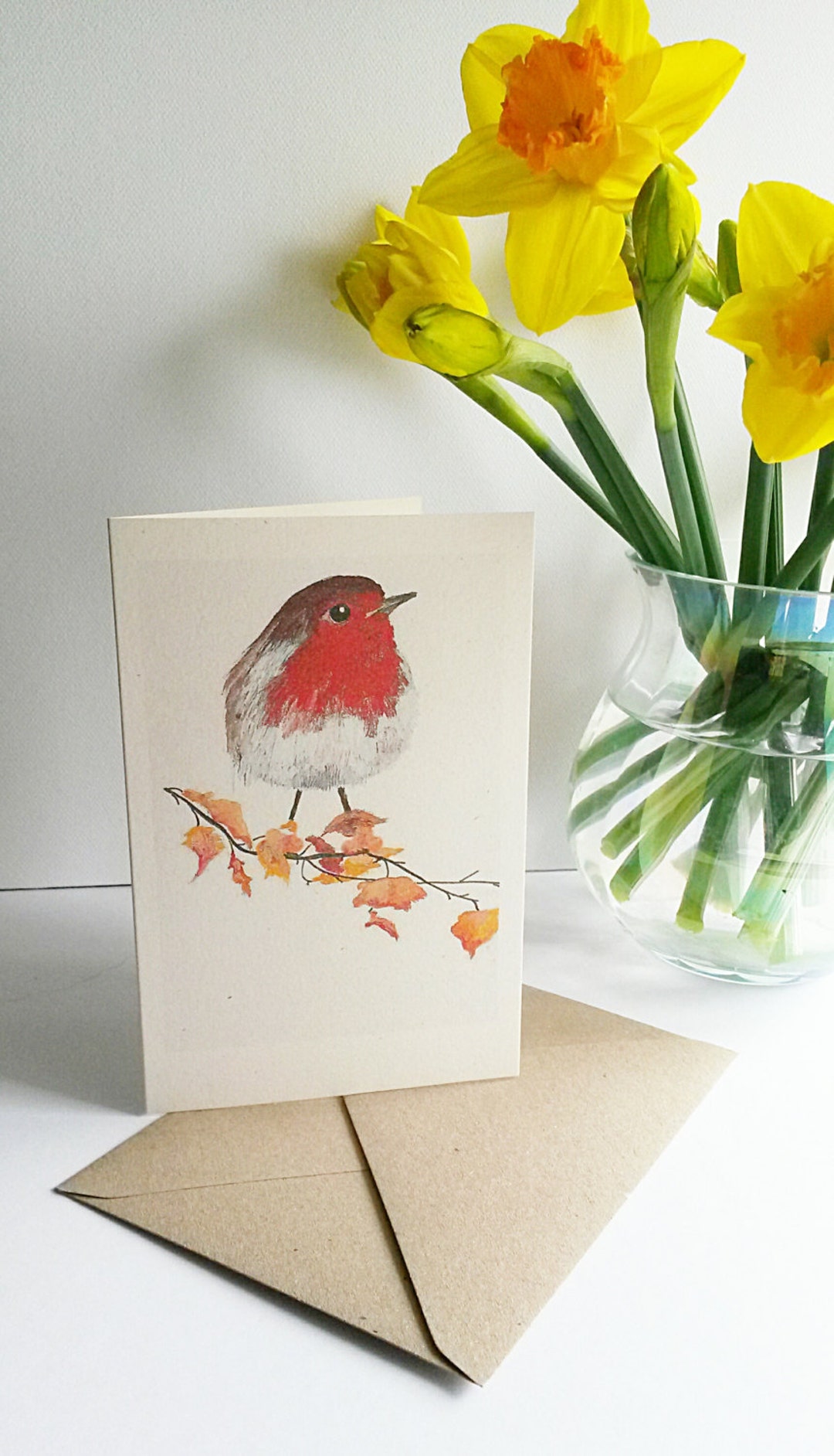 Hand Painted Image of a Robin in Autumn Printed on Recycled Card With a ...