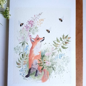 Carte Fox. Carte aquarelle Fox. Carte avec un renard. Cadeau renard. Renard présent. Renard et abeilles