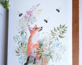Fuchs Karte. Fuchs Aquarell Karte. Karte mit einem Fuchs. Fuchs Geschenk. Fuchs vorhanden. Fuchs und Bienen