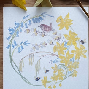 Zaunkönig mit Frühlingsblumen. Zaunkönig Karte. Jenny Wren Karte. Zaunkönig Grußkarte. Zaunkönig Aquarell. Zaunkönig Geschenk. Zaunkönig vorhanden
