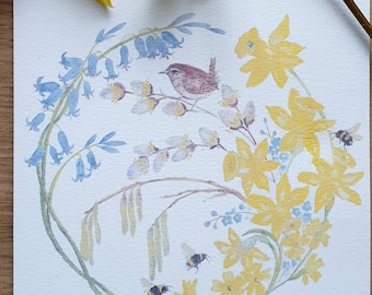 Wren with Spring flowers. Wren card. Jenny wren card. Wren greeting card. Wren watercolour. Wren gift. Wren present