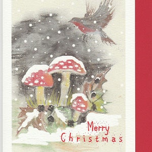 Carte de Noël Robin et crapauds. Carte de Noël Robin. Œuvre originale de Robin. Carte de Noël traditionnelle. Carte Ronin et champignons