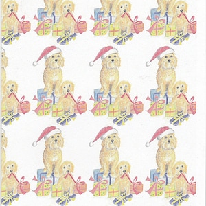 May include: A repeating pattern of illustrated dogs wearing Santa hats, sitting on wrapped presents. The dogs are light brown with floppy ears. The presents are various colors, including blue, yellow, and red, with bows.