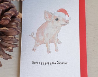 Pig Christmas card. Christmas card with a pig. funny pig card. funny pig christmas card. Pink pig. christmas card.