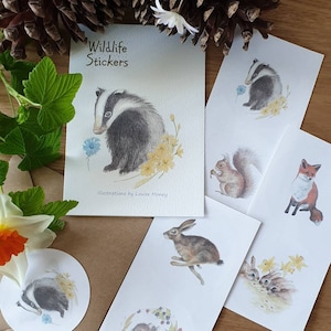 Wildlife stickers. Hare sticker. Squirrel sticker. Badger sticker. Fox sticker. Rabbit sticker. Mouse sticker. Set of wildlife stickers