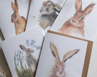 Hare cards. Set of five hare cards. Hare watercolours. Hare multi pack. Hare gift. Hare present. Cards with hares. Hare images. Wild hare