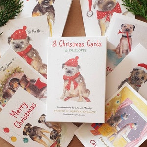 Border Terrier Weihnachtskarten gemischt. Packung mit acht Border Terrier Karten. Mehrfachpackung. Acht Hunde-Weihnachtskarten. Border Terrier Weihnachten