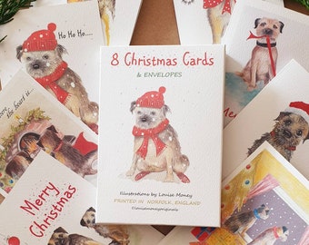 Border terrier mixed Christmas cards. Pack of eight border terrier cards. Multi pack. Eight dog Christmas cards. Border terrier Christmas