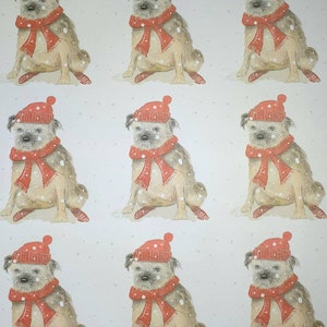 May include: Nine illustrations of a dog wearing a red hat, scarf, and socks, set against a white background with falling snow. The dog has tan and gray fur. The hat, scarf, and socks are red with white accents. The image has a winter holiday theme.