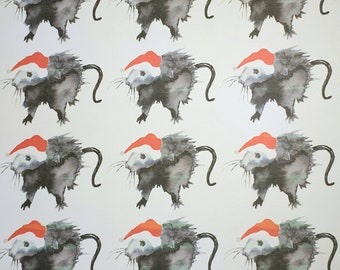 Rat Christmas wrapping paper. Rat in a santa hat. Wrapping paper with a rat. Fun rat gift wrap. Christmas rat. Rat Christmas gift wrap