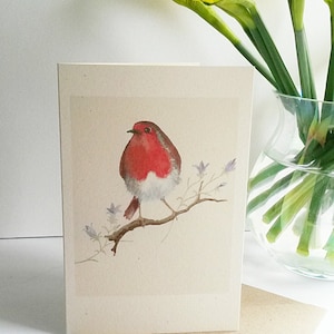 Robin card. Robin and Harebell. British garden bird. Robin red breast. robin present. robin gift. robin painting. hand made card. robin art