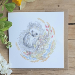 Igel Karte. Igel und Wildblumen. Igel Geschenk. Igel präsent. Igel Bild. Igel Zeichnung.  Tier Karte. wild lebende Tiere Karte