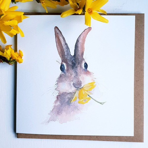 Bunny card. Bunny in spring. Bunny card. spring bunny card. hand made card. Rabbit card. happy bunny. Bunny and daffodil