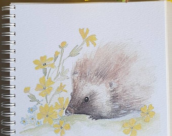 Hedgehog notebook. Hedgehog and primrose notebook. Hand made. Originally hand painted images. square notebook. Hedgehog journal. Sketchbook