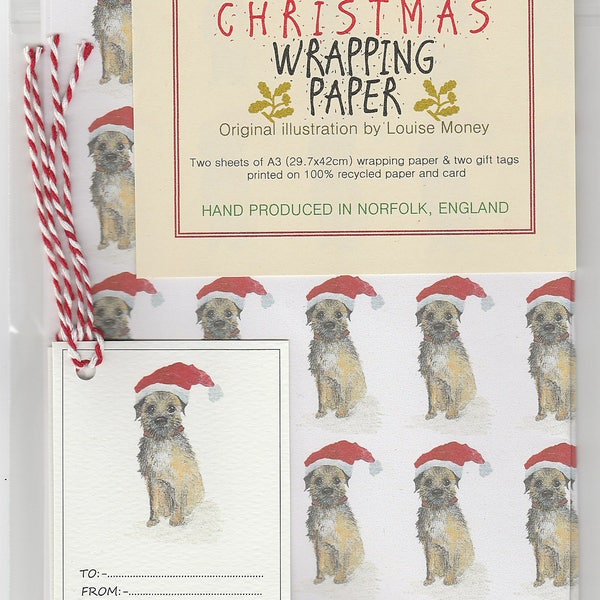 Border terrier Christmas wrapping paper. wrapping paper with a border terrier. border terrier in a santa hat. border terrier gift wrap. dog