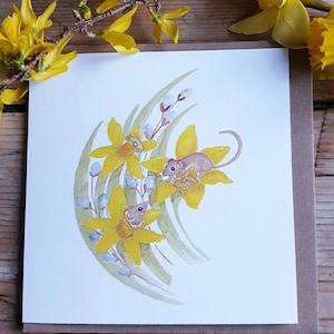 Maus Karte. Mauskarte. Original handgezeichnete Kunst. Handgemachte Karte. Tierwelt Geschenk. Mauskarte. Ernte Maus und Narzissen. Osterkarte