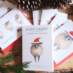 Cartes de Noël de moutons. Deux moutons présentés dans un lot de huit cartes et enveloppes. Cartes de moutons. Emballage multiple. Mouton de Noël