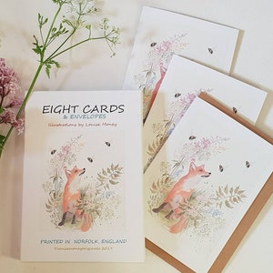 Fox notecards. Fox watercolour. Pack of eight cards. Multipack of cards. Fox and bees. Fox card. Fox notelets. Fox gift. Red fox cards