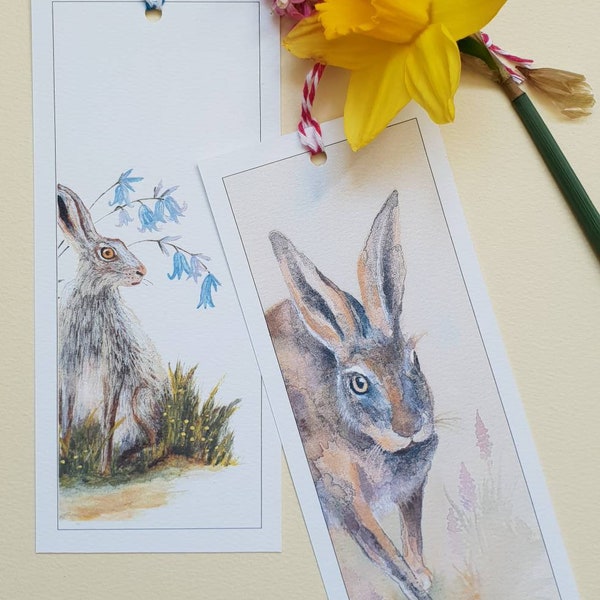 Hare bookmarks. Hare bookmarks. Hare and bluebells. Hare and wild flowers. Hand made book marks. Wildlife bookmark. Brown hare. Hare gift.