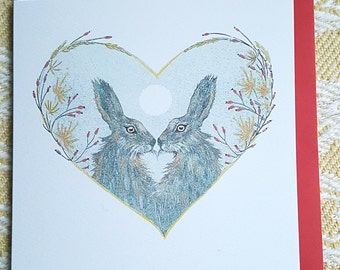 Hare card. Hares in love. Norfolk hare. two hares. hand made card. Hand painted hare. wildlife card. Hare painting. wildlife gift