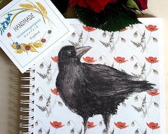 Crow notebook. handmade notebook with a crow. Originally hand painted crow. British bird notebook. british bird book. Crow sketch book