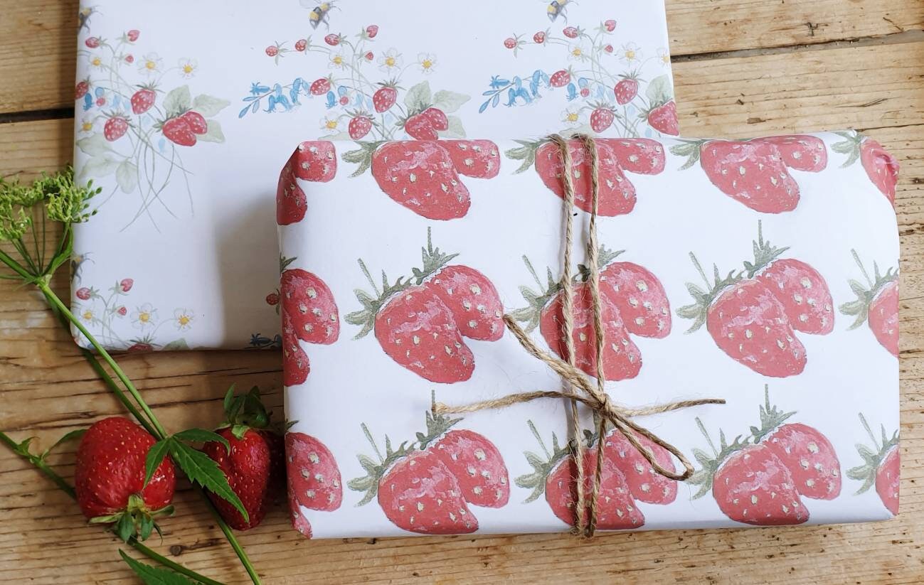 Wrapping Paper for Birthday | Cute Strawberry gift wrap | FOLDED single  sheet wrap in a beautiful matt finish with added ribbon