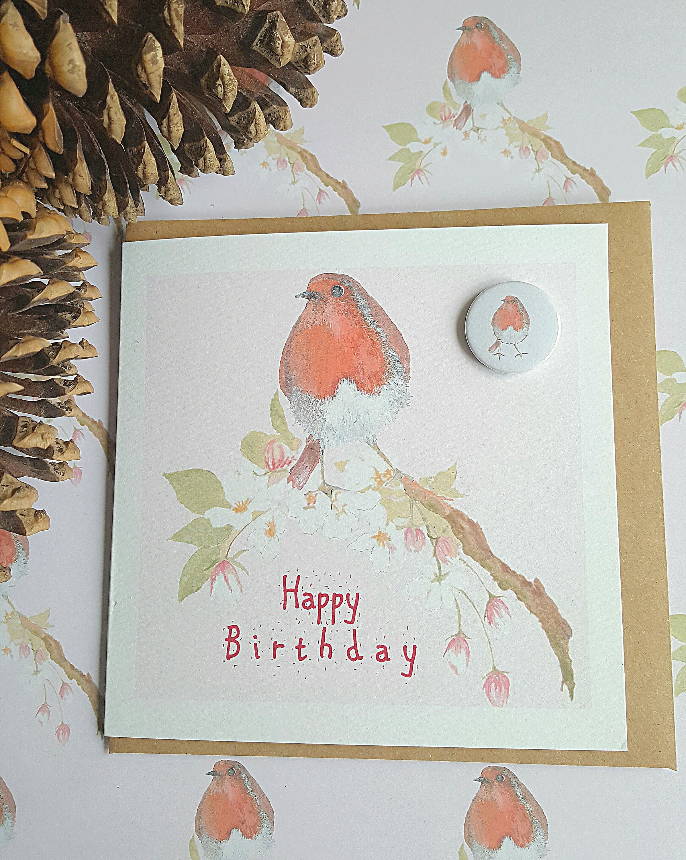 Robin Card Robin Card With Button Badge. Cute Robin With Pink Etsy UK